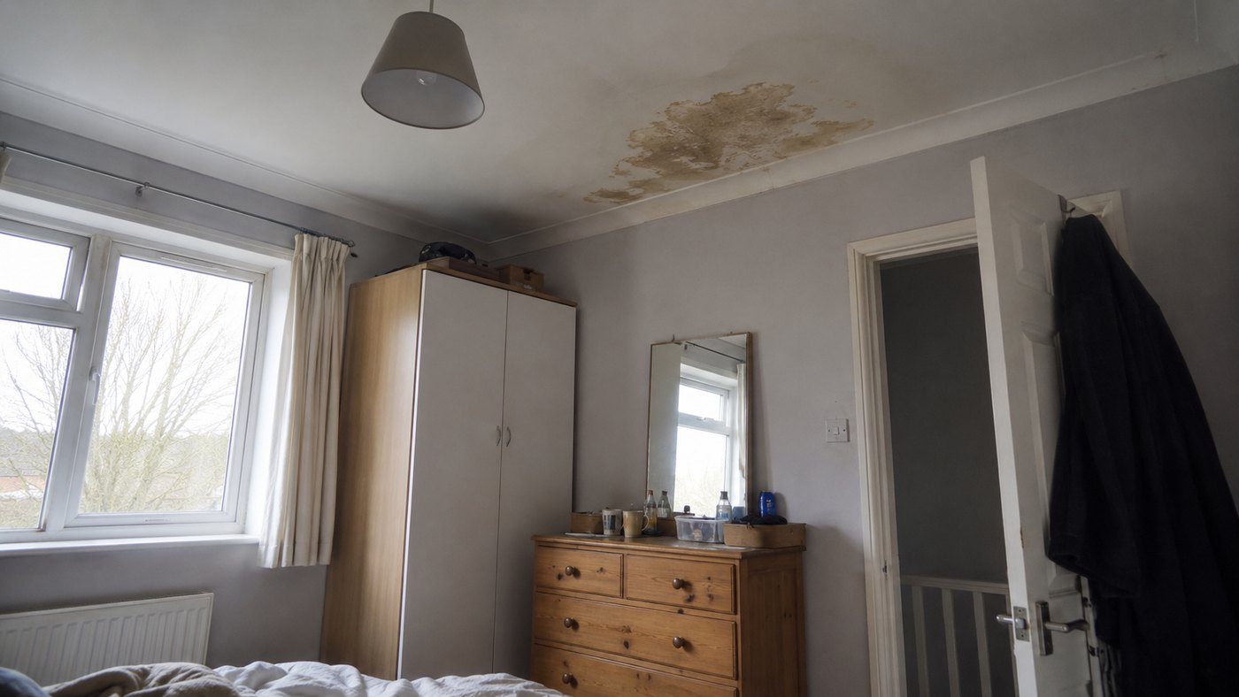 Bedroom ceiling stained by water ingress near the top corner of the room.