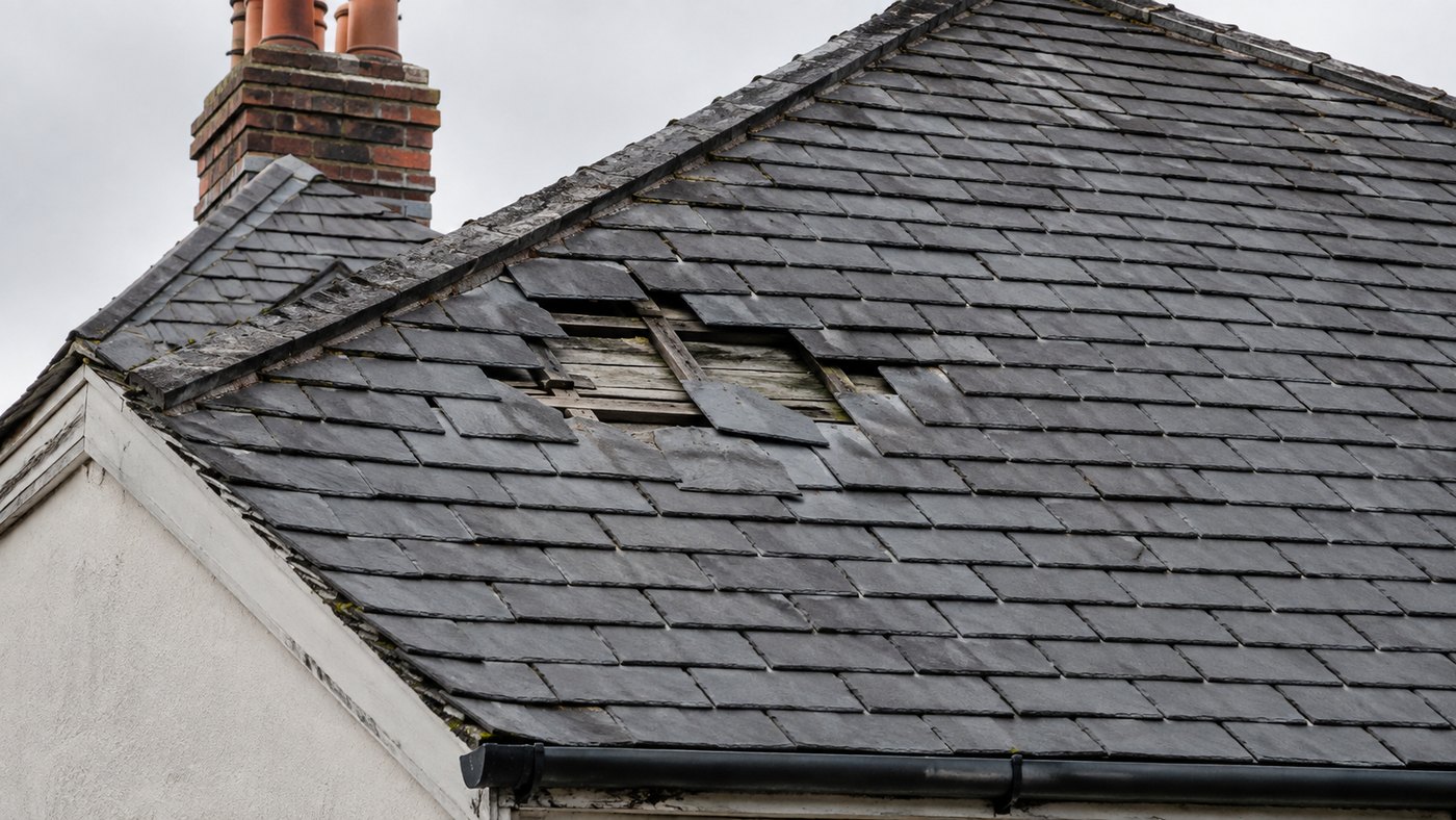 Damaged slate roof with several slates missing and the underlay exposed.