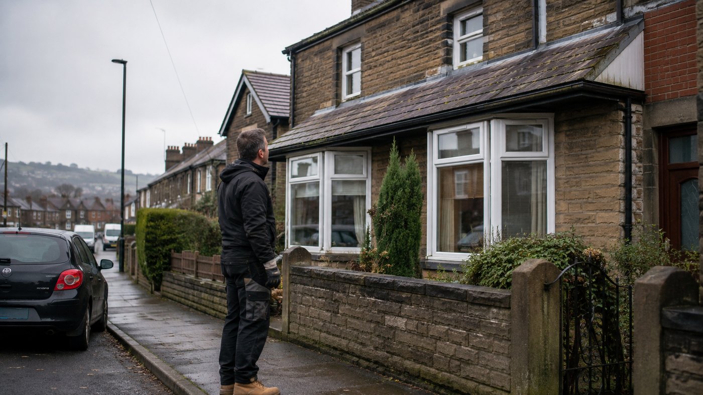 Roofer inspecting the roof of a stone-fronted house on a wet street in Oldham.